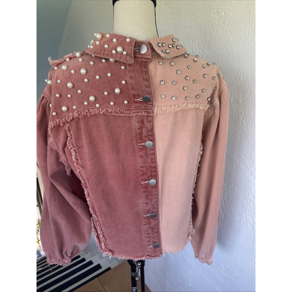 POL Pearl & Rhinestone NWOT Colorblock Pink & Raspberry Denim Jacket Oversized S - Picture 6 of 8
